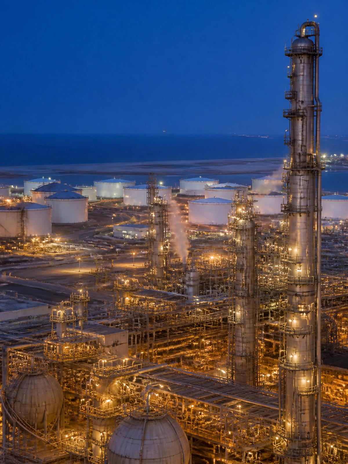 Al-Zour refinery complex at dusk, distillation towers lit against the Gulf horizon